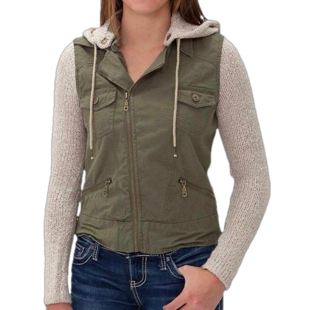 Billabong Olive Green Vest with Cream Knit Sleeves and Hood
